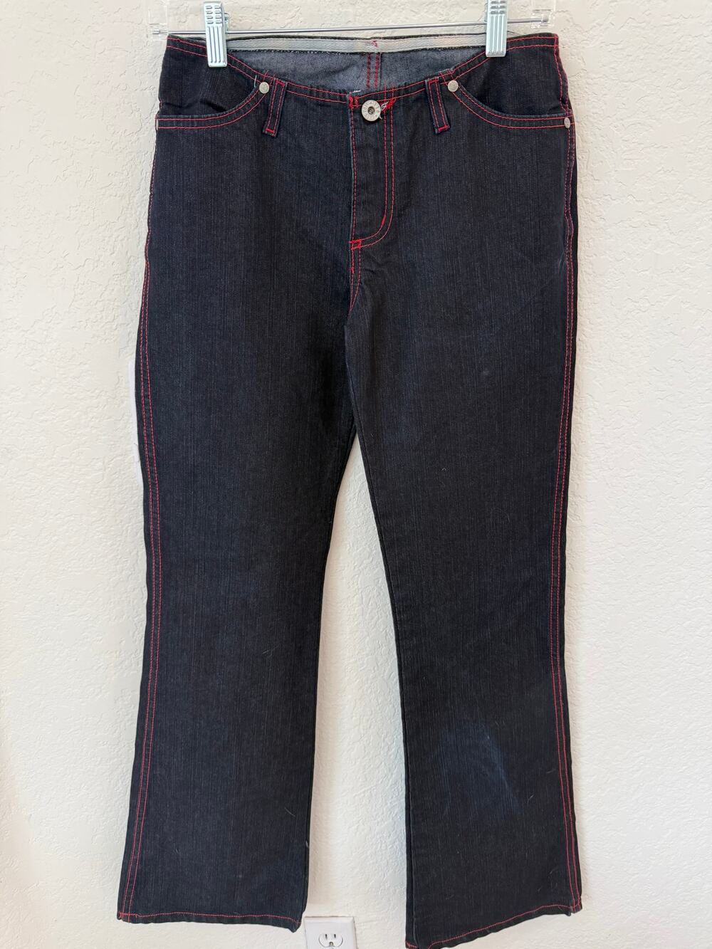 C'est Toi Jeans Womens Dark Wash Bootcut Flare Red Stitch Waistbandless 5/6
